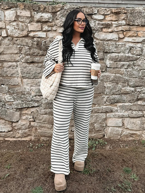 Momsmood Striped Turndown Collar Two Piece Knitwear Casual Maternity Outfit