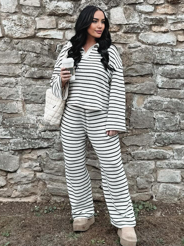 Momsmood Striped Turndown Collar Two Piece Knitwear Casual Maternity Outfit