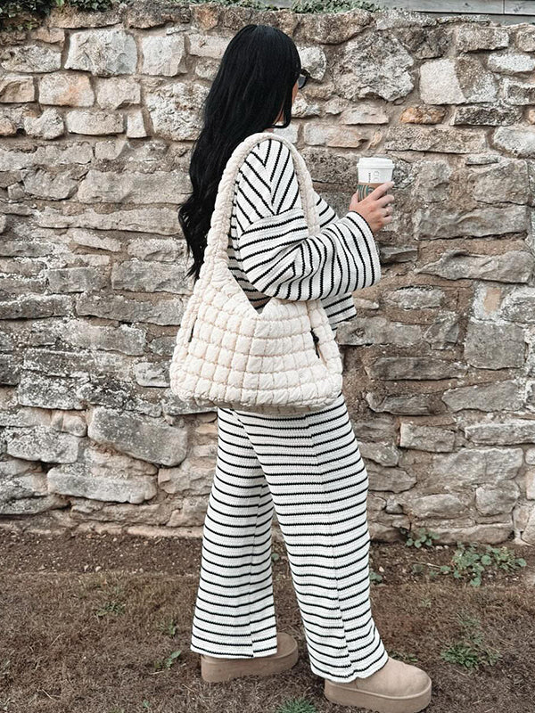 Momsmood Striped Turndown Collar Two Piece Knitwear Casual Maternity Outfit