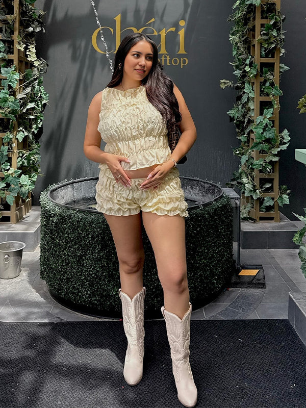 Light Yellow Ruffle Ruched Vest Shorts Maternity Outfit