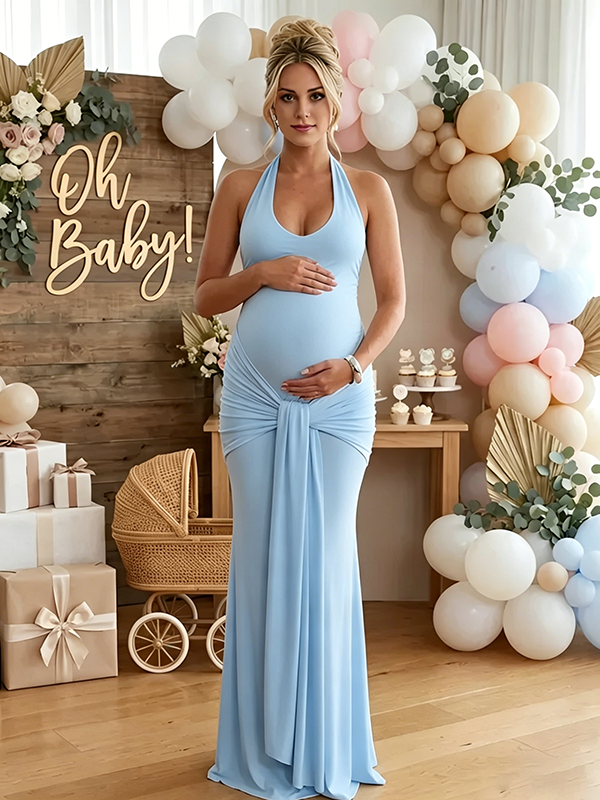 Momsmood Ruched Bowknot Draped Halter Neck Backless Bodycon Maternity Maxi Dress