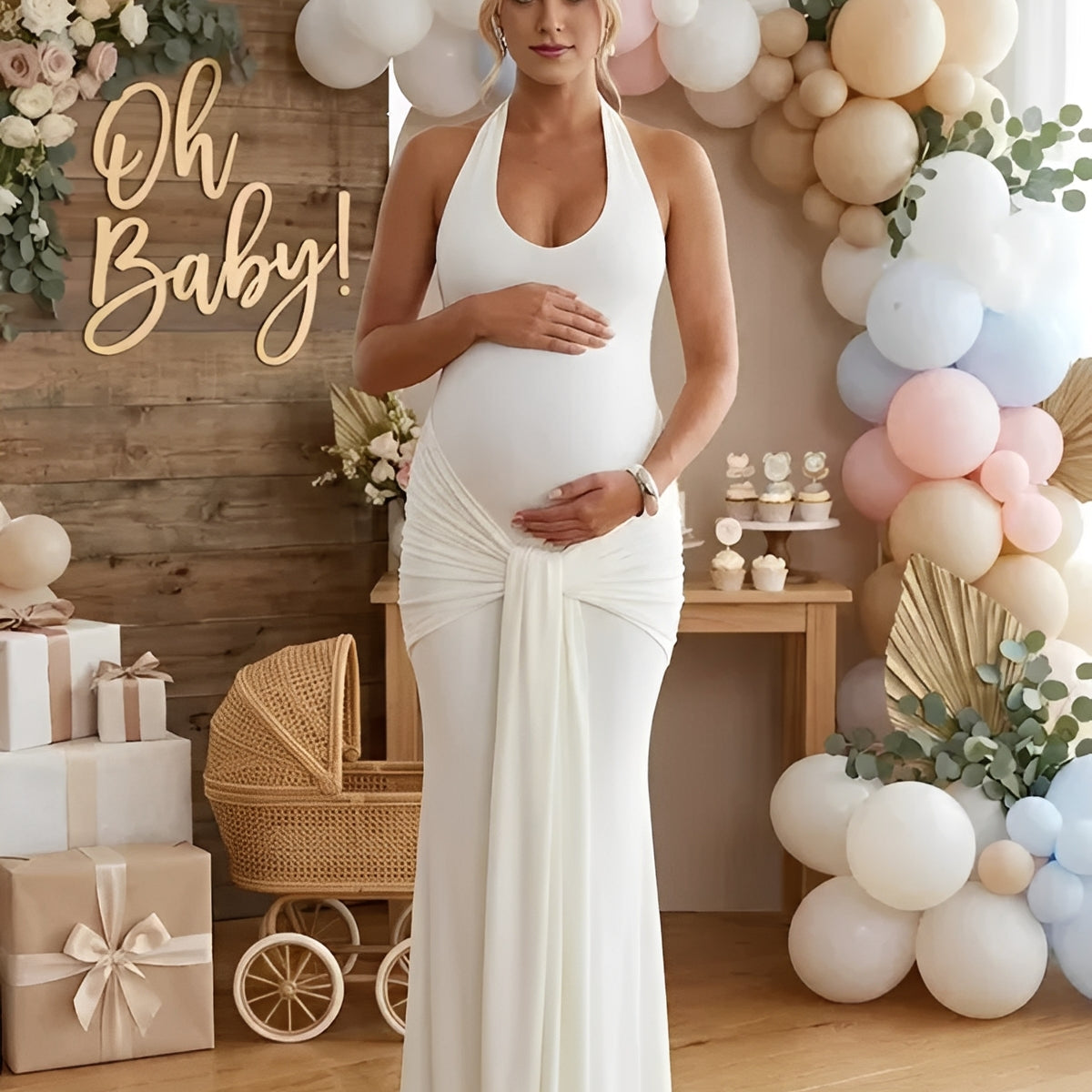 Momsmood Ruched Bowknot Draped Halter Neck Backless Bodycon Maternity Maxi Dress