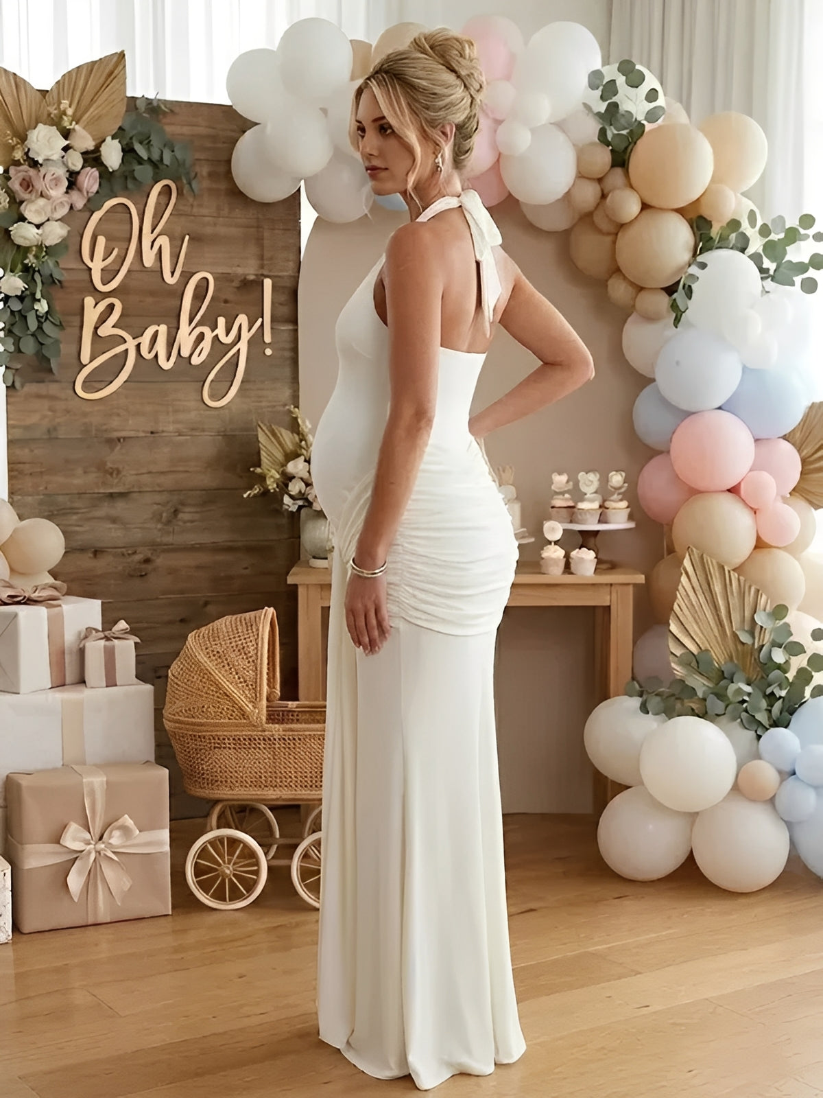 Momsmood Ruched Bowknot Draped Halter Neck Backless Bodycon Maternity Maxi Dress
