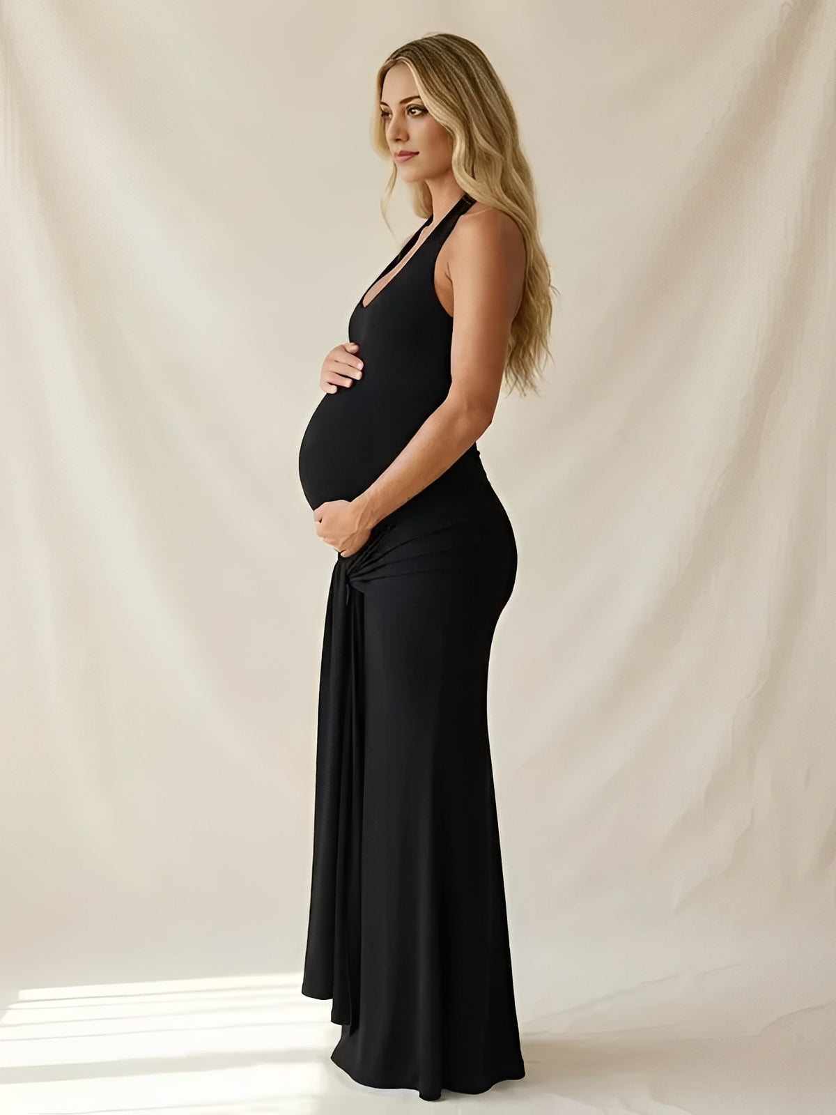 Momsmood Ruched Bowknot Draped Halter Neck Backless Bodycon Maternity Maxi Dress