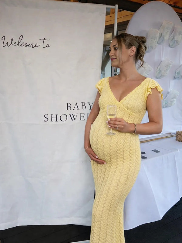 Momsmood Knit Ruffle Falbala Hollow Out Bodycon Maternity Maxi Sweater Dress