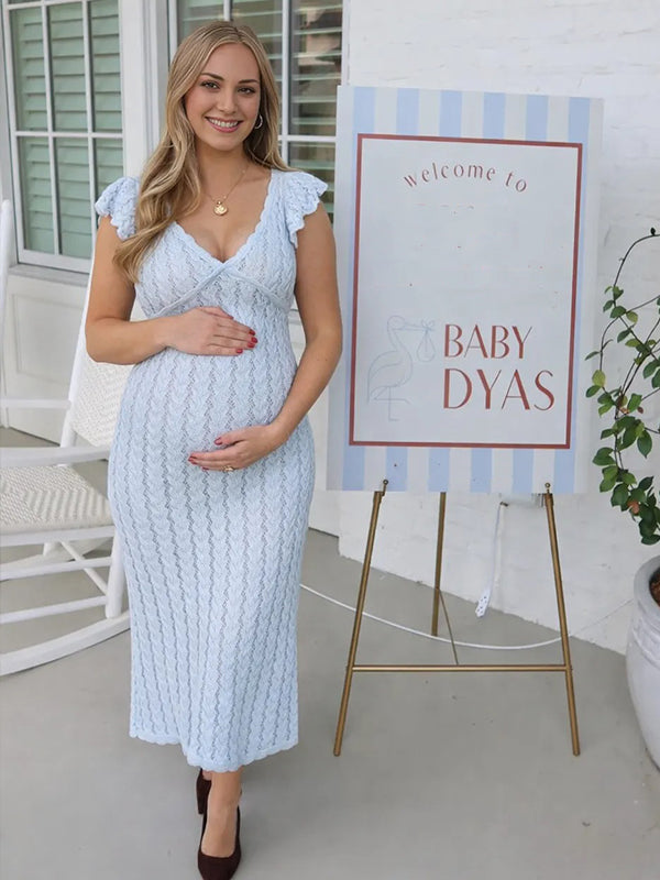 Momsmood Knit Ruffle Falbala Hollow Out Bodycon Maternity Maxi Sweater Dress