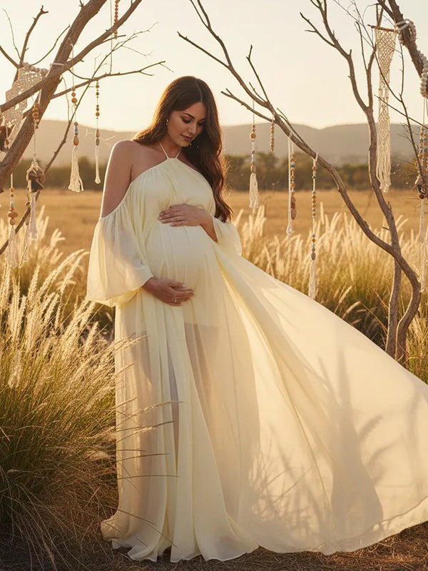 Yellow Mesh Off Shoulder Backless Boho Flowy Maternity Maxi Dress