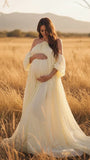 Yellow Mesh Off Shoulder Backless Boho Flowy Maternity Maxi Dress