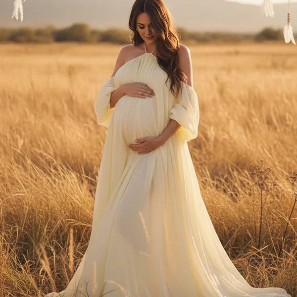 Yellow Mesh Off Shoulder Backless Boho Flowy Maternity Maxi Dress