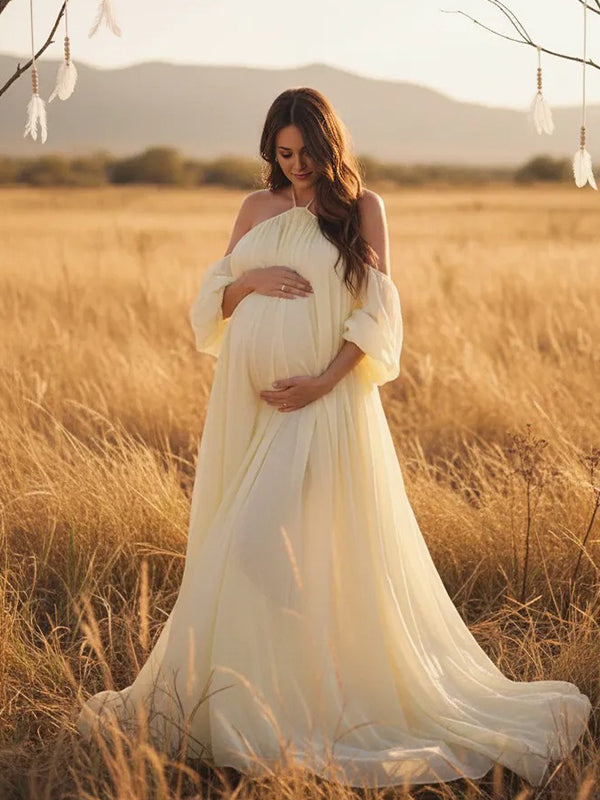 Yellow Mesh Off Shoulder Backless Boho Flowy Maternity Maxi Dress