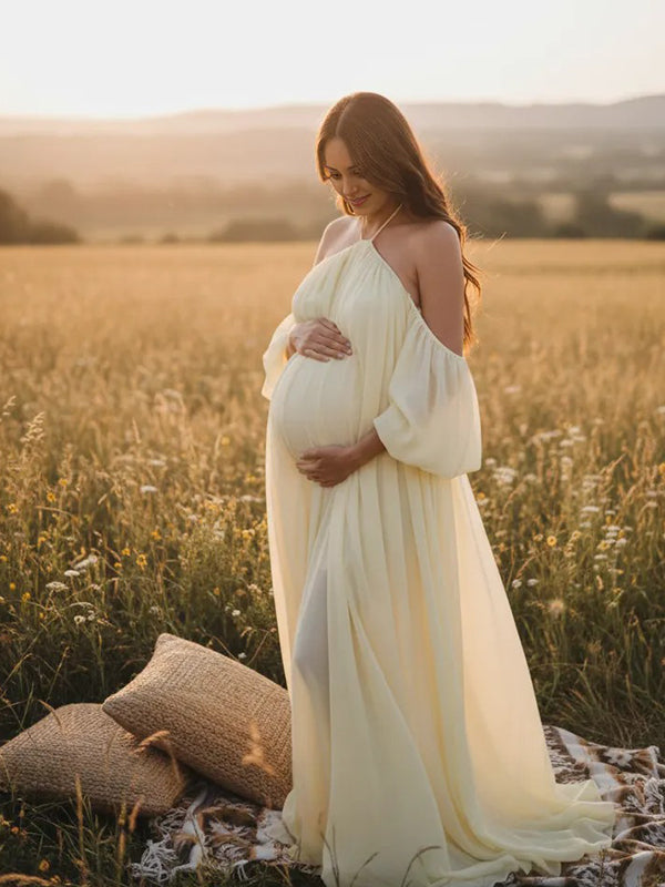 Yellow Mesh Off Shoulder Backless Boho Flowy Maternity Maxi Dress