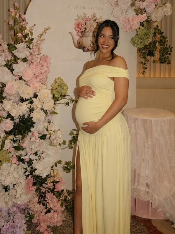 One Shoulder Ruched Side Slit Flowy Maternity Maxi Dress
