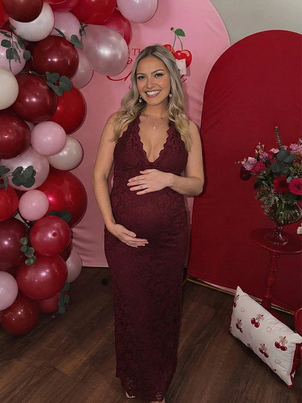Lace Ruffle Hem Backless Slit Bodycon Maternity Maxi Dress