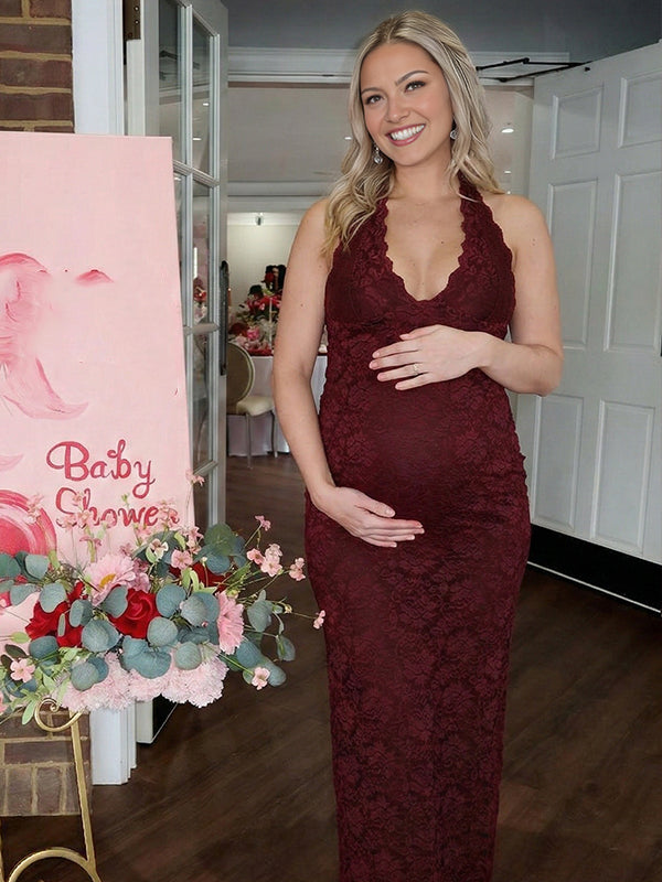 Lace Ruffle Hem Backless Slit Bodycon Maternity Maxi Dress