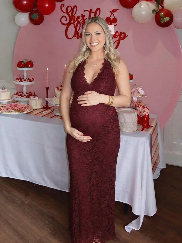 Lace Ruffle Hem Backless Slit Bodycon Maternity Maxi Dress