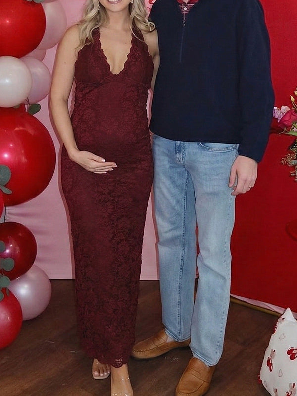 Lace Ruffle Hem Backless Slit Bodycon Maternity Maxi Dress