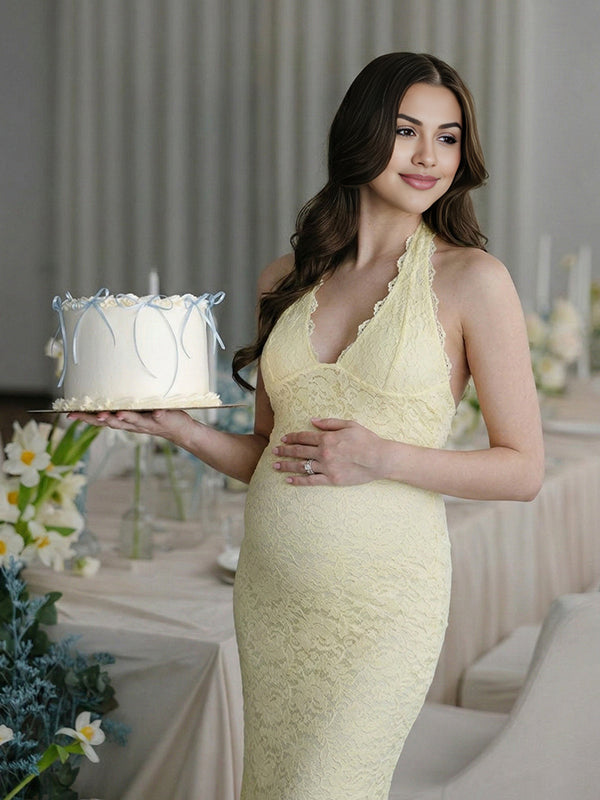 Lace Ruffle Hem Backless Slit Bodycon Maternity Maxi Dress
