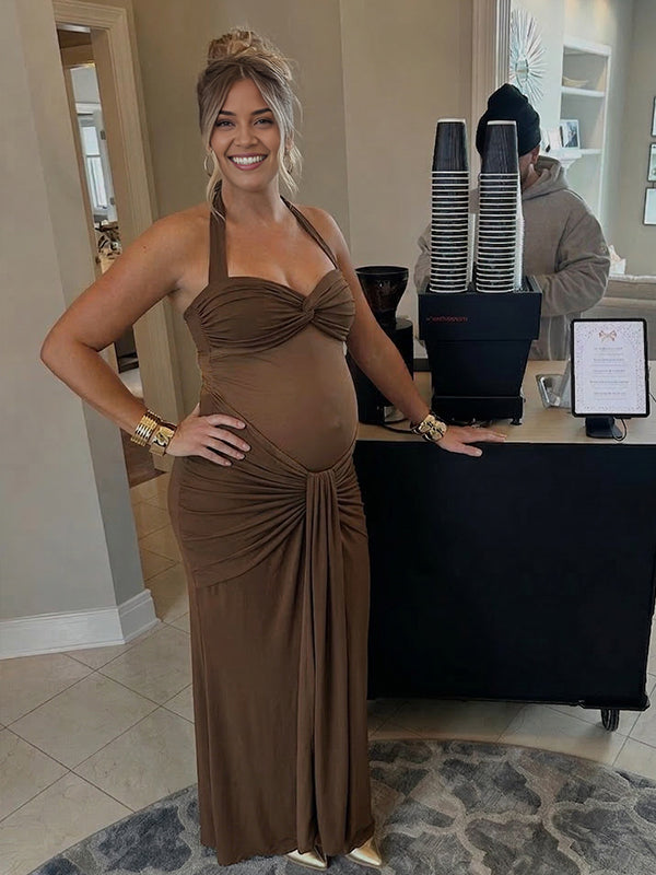 Brown Backless Ruched Mesh Bodycon Maternity Maxi Dress