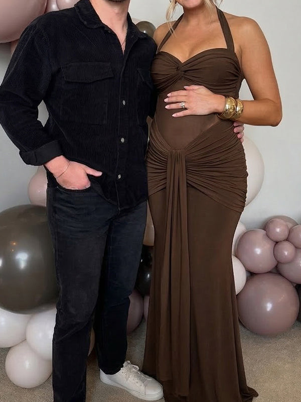 Brown Backless Ruched Mesh Bodycon Maternity Maxi Dress