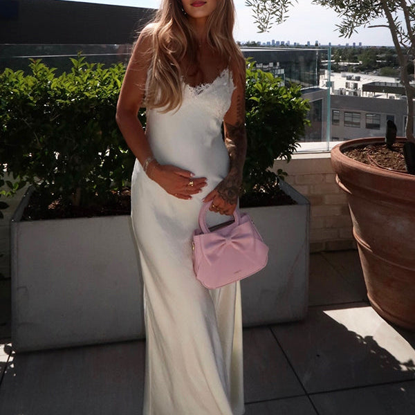 White Lace Spaghetti Strap Backless Tie-Back Maternity Maxi Dress