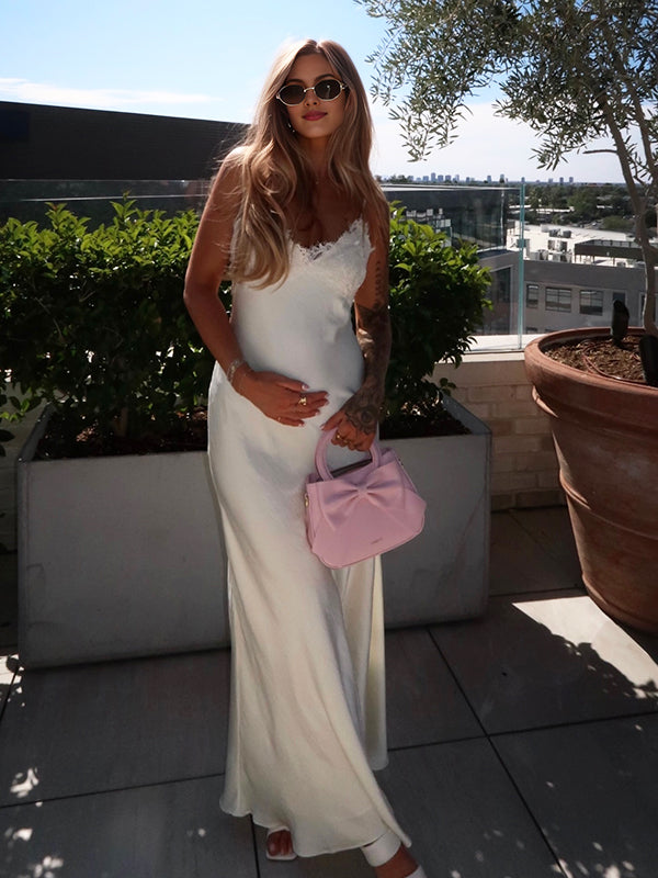 White Lace Spaghetti Strap Backless Tie-Back Maternity Maxi Dress