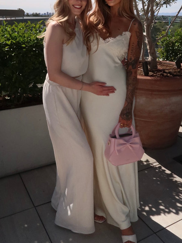 White Lace Spaghetti Strap Backless Tie-Back Maternity Maxi Dress