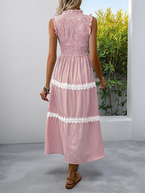 Striped Lace Panel Ruffle Ruched Flowy Maternity Maxi Dress