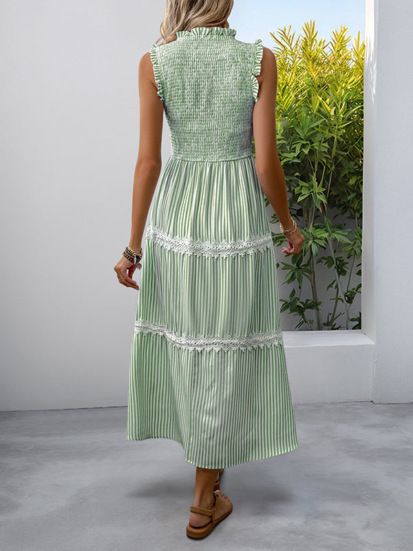 Striped Lace Panel Ruffle Ruched Flowy Maternity Maxi Dress