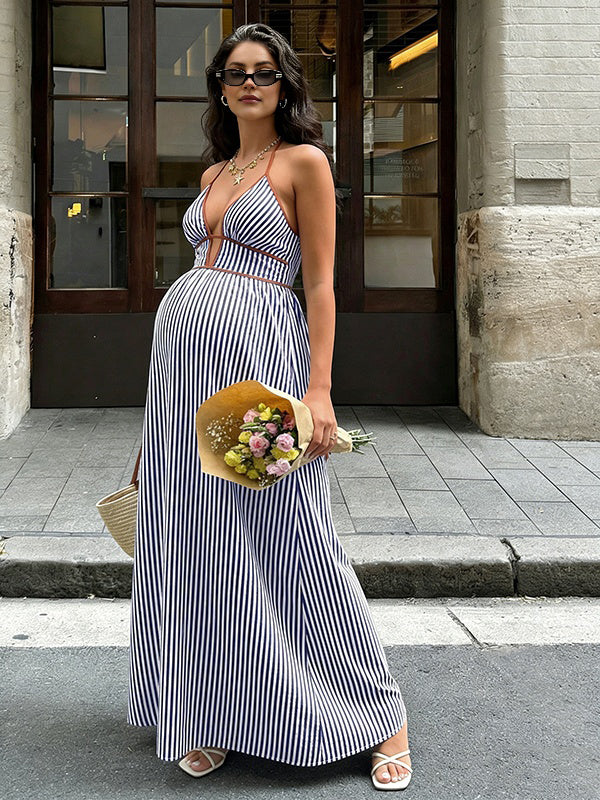 Striped Tie Neck Halter A-Line Maternity Maxi Dress
