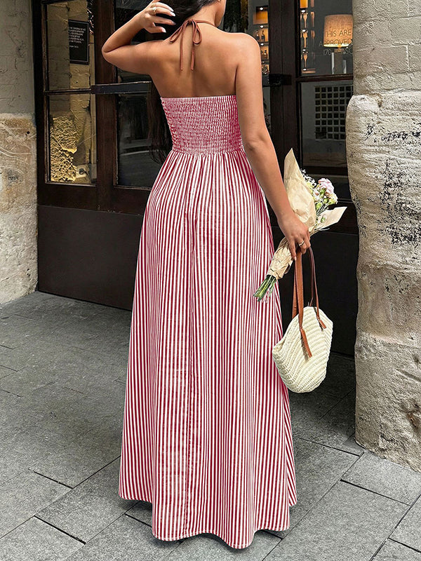 Striped Tie Neck Halter A-Line Maternity Maxi Dress