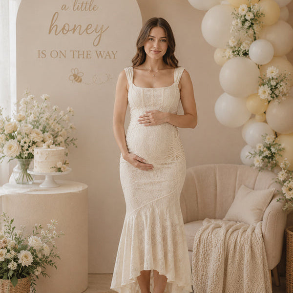 Beige Ruched Floral Irregular Mermaid Bodycon Maternity Maxi Dress