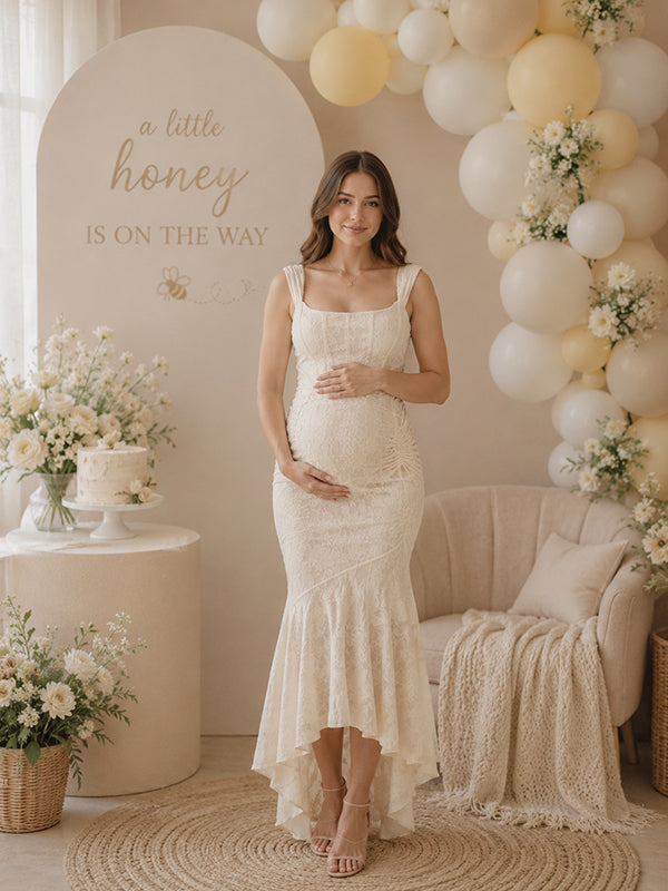 Beige Ruched Floral Irregular Mermaid Bodycon Maternity Maxi Dress