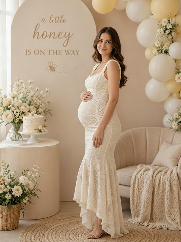 Beige Ruched Floral Irregular Mermaid Bodycon Maternity Maxi Dress