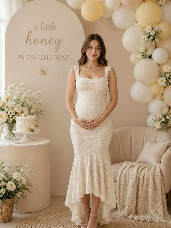 Beige Ruched Floral Irregular Mermaid Bodycon Maternity Maxi Dress