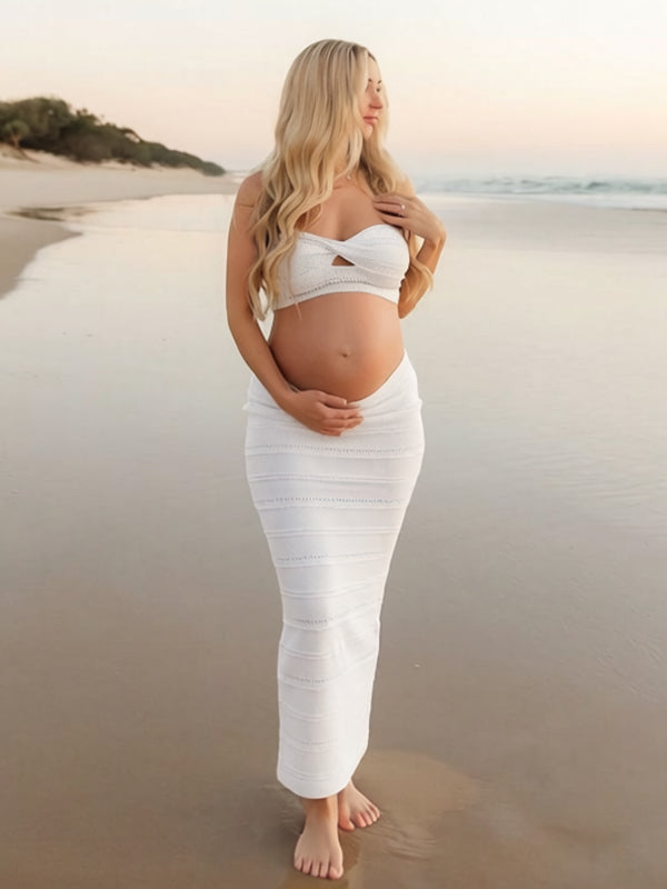 Chic White Cutout Bandeau Maternity 2-Piece Set Maxi Skirt