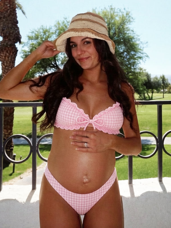 Gingham Backless Maternity Bikini Set Ruffle Trim Bow