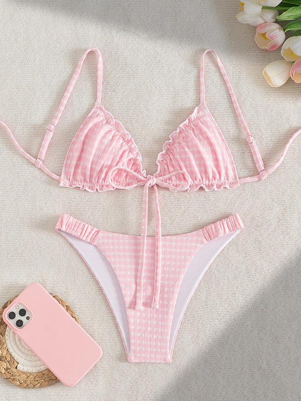 Gingham Backless Maternity Bikini Set Ruffle Trim Bow