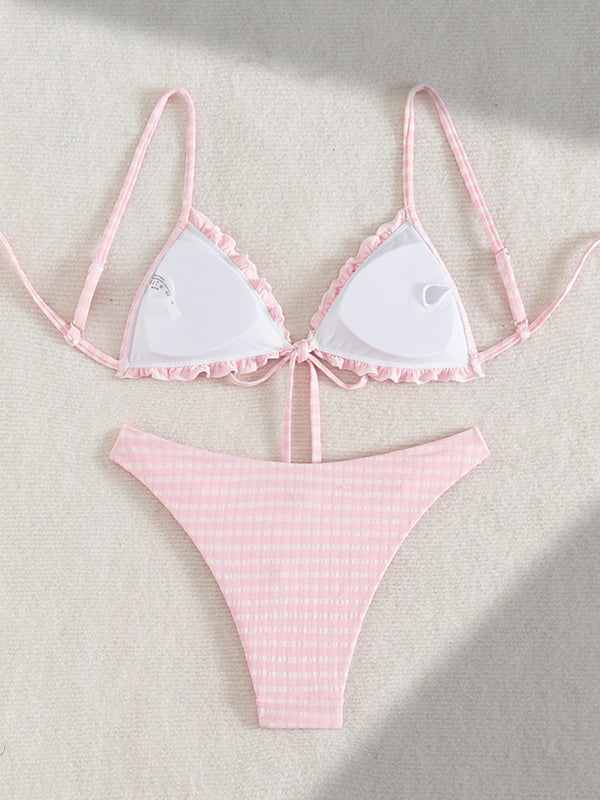 Gingham Backless Maternity Bikini Set Ruffle Trim Bow