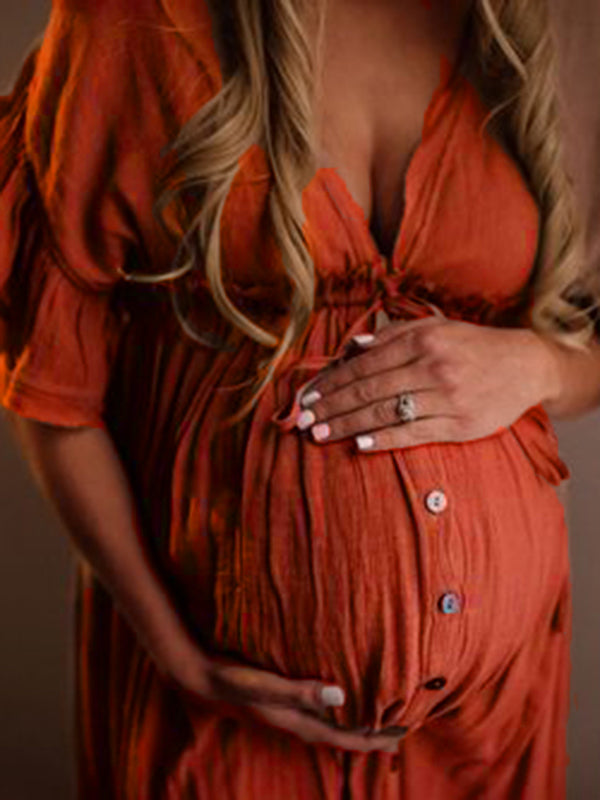 Momsmood Red Drawstring Single Breasted Ruffle Tie Back Maternity Photoshoot Maxi Dress