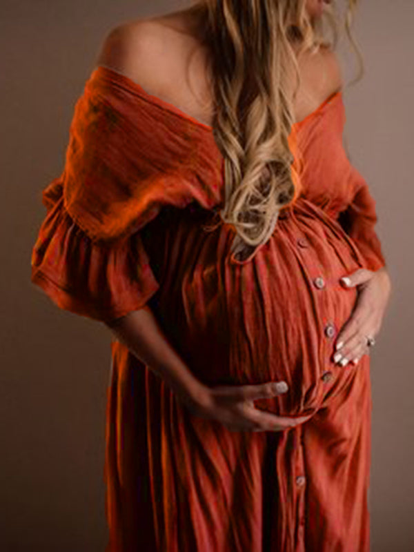 Momsmood Red Drawstring Single Breasted Ruffle Tie Back Maternity Photoshoot Maxi Dress