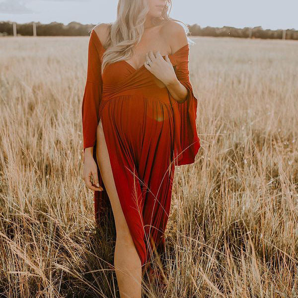 Momsmood Maternity Side Slit Cross V-neck Dolman Sleeve Elegant Photoshoot Maxi Dress