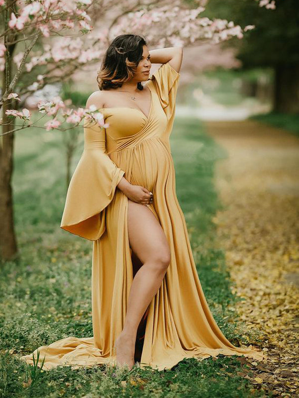 Momsmood Maternity Side Slit Cross V-neck Dolman Sleeve Elegant Photoshoot Maxi Dress