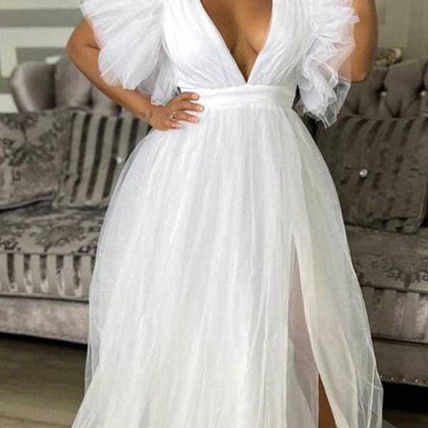 Momsmood Maternity Plus Size Tulle Ruffle V-neck Slit Photoshoot Baby Shower Maxi Dress