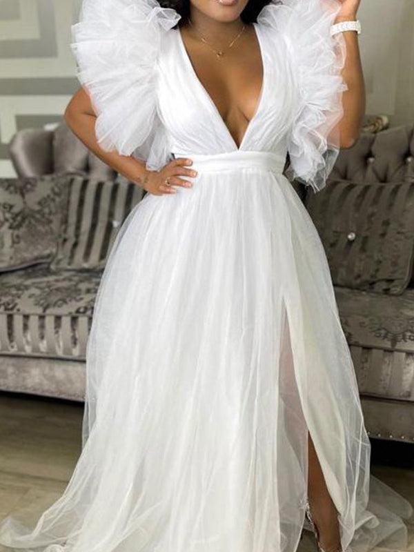 Momsmood Maternity Plus Size Tulle Ruffle V-neck Slit Photoshoot Baby Shower Maxi Dress