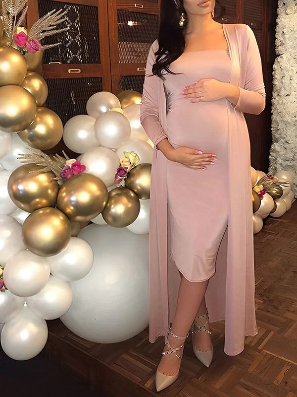 Momsmood Maternity Two Piece Glitter Pink 2-in-1 Bodycon Elegant Baby Shower Work Midi Dress