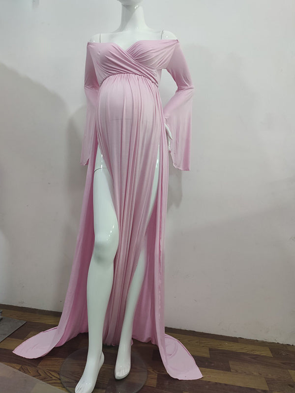 Momsmood Maternity Side Slit Cross V-neck Dolman Sleeve Elegant Photoshoot Maxi Dress
