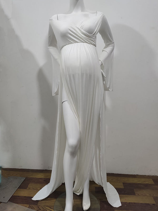 Momsmood Maternity Side Slit Cross V-neck Dolman Sleeve Elegant Photoshoot Maxi Dress