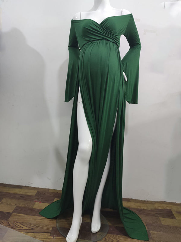 Momsmood Maternity Side Slit Cross V-neck Dolman Sleeve Elegant Photoshoot Maxi Dress