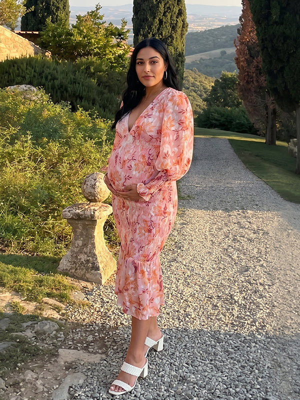 Pink Floral Smocked Lantern Sleeve Maternity Maxi Dress