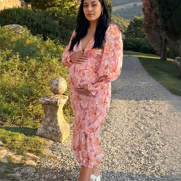 Pink Floral Smocked Lantern Sleeve Maternity Maxi Dress